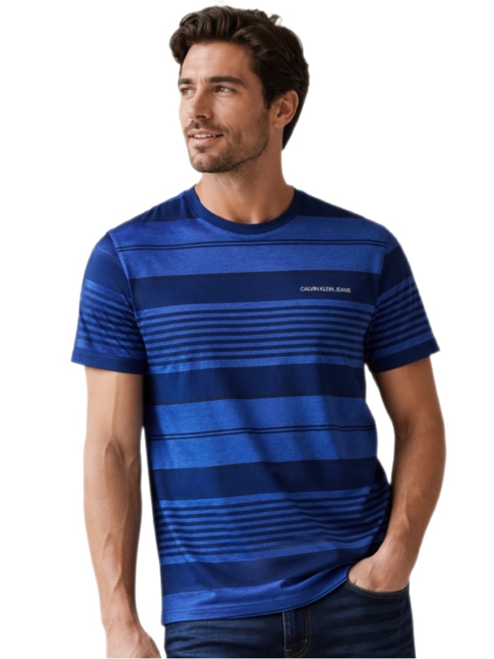 Calvin Klein Jeans Blue Striped Logo Tee Shirt 100% Cotton Men’s Small